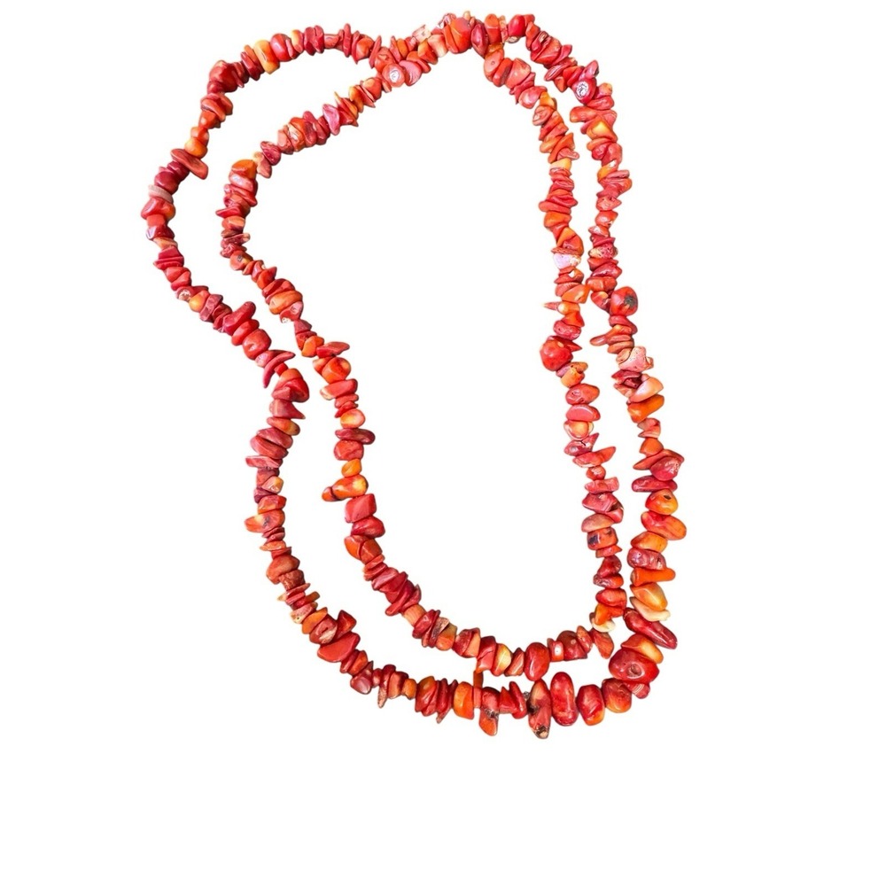 Red Coral Design Nugget Beads Double Strand Boho Necklace Barrel No Clasp 26"